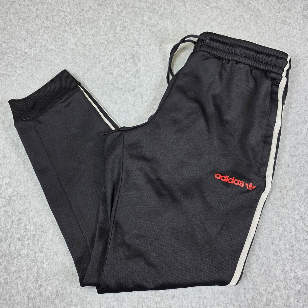 Adidas Track‎ Pants Kids Large Black Red Logo Joggers 3 Stripe Athletic Training